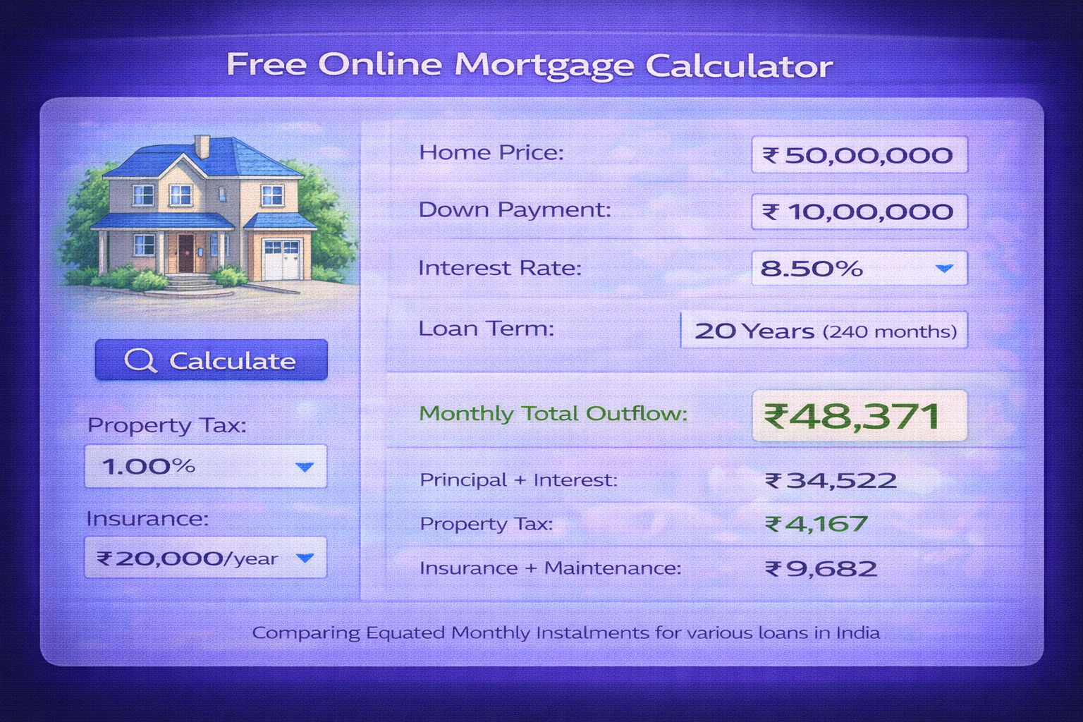 Free online mortgage calculator interface showing home price down payment rate tenure tax insurance maintenance inputs and monthly total outflow result in India